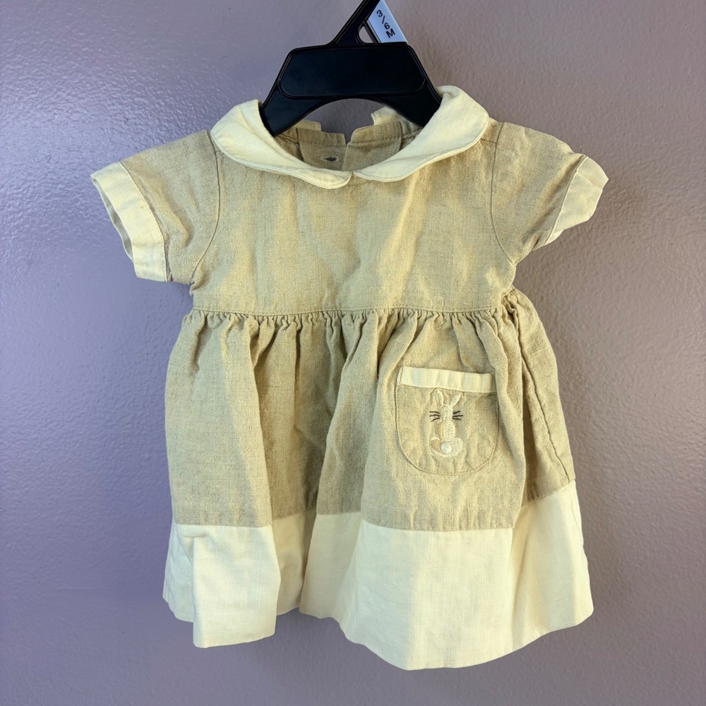 Baby Girl Linen Bunny Carrot Embroidered Dress Tan Cream 3-6M Peter Pan Collar